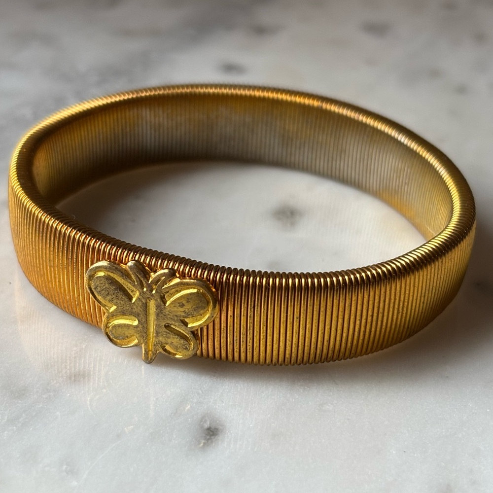 Vintage Gold Tone Butterfly Stretch Bracelet Coiled with Butterfly Charm